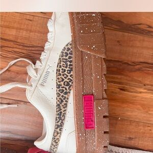 Puma Cream and Leopard Sneakers with Pink Accent
